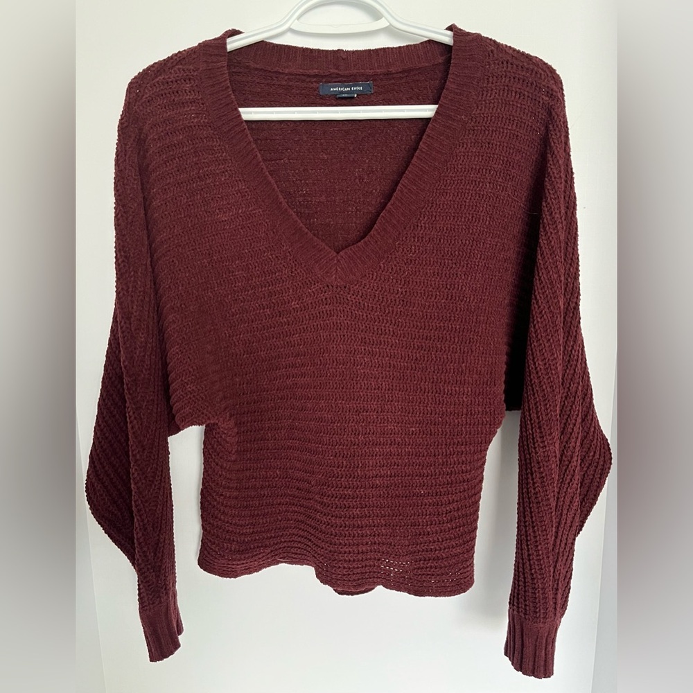 AE Burgundy V-Neck Sweater | Oversized Dolman Sleeve Cozy Fall Knit